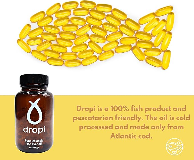 Dropi Pure Icelandic Cod Liver Oil Capsules - Extra Virgin - Organic Fresh Spearmint Extract - Cod Liver Oil Softgels Naturally Rich in Super Omega 3 Fatty Acids Vitamin A Vitamin D - 60 Ct (500mg)