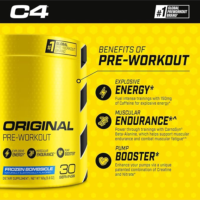 Cellucor Pre Workout &amp Creatine Bundle C4 Original Pre Workout Powder Frozen Bombsicle 30 Servings + Cor Performance Creatine Powder 72 Servings
