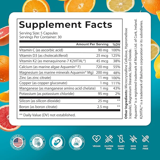 PUREHEALTH RESEARCH Bone Health Formula - for Bones Joint &amp Skeletal Wellness - with Calcium Magnesium Zinc Copper Manganese Potassium Vitamin K2 D3 C &amp More for Women &amp Men - 150