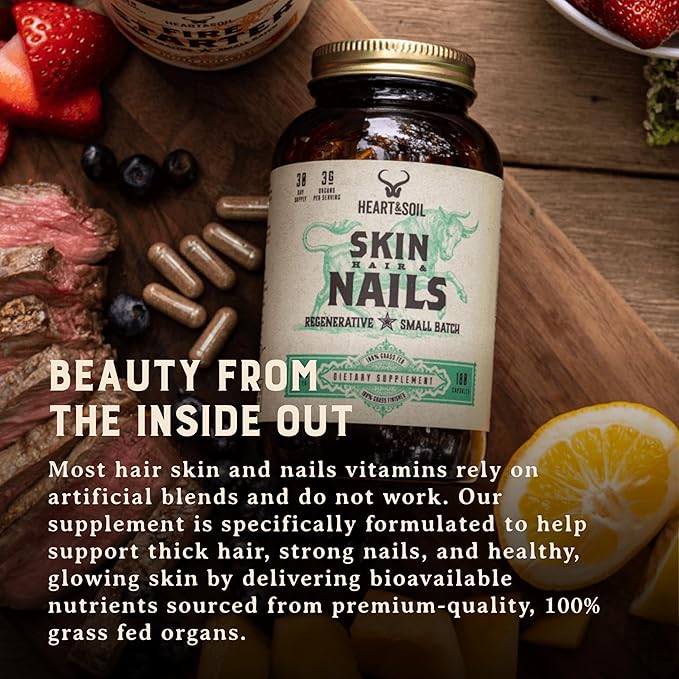 Heart &amp Soil – 100% Grass Fed &amp Finished Hair Skin and Nails Supplement from Regenerative Cattle with Cartilage Liver &amp Bone Marrow – 3000mg Beef Organs for Women &amp Men – Glass Bottl