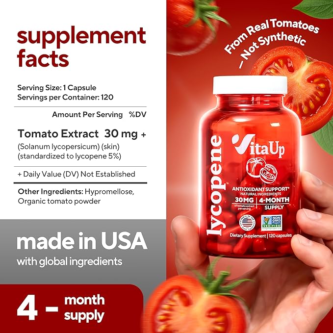 VitaUp Lycopene Supplements for Men – USA Made Prostate Supplements for Men with Natural Tomato Extract – Non-GMO Lycopene Supplement for Normal Prostate Skin &amp Antioxidant Support – 120 Count
