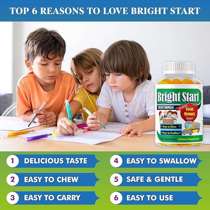 BrightStart Focus Gummies for Kids &amp Teens – Kids Focus and Attention Supplements with Omega 3 DHA Brain Support Supplement for Teens Kids Omega 3 Gummies Daily Children’s Focus Gummy 60 Ct