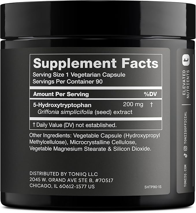 Toniiq Ultra High Strength 5HTP Capsules - 99%+ Highly Purified and Bioavailable - 12:1 Concentrated Extract - 200mg - 90 Veggie Capsules