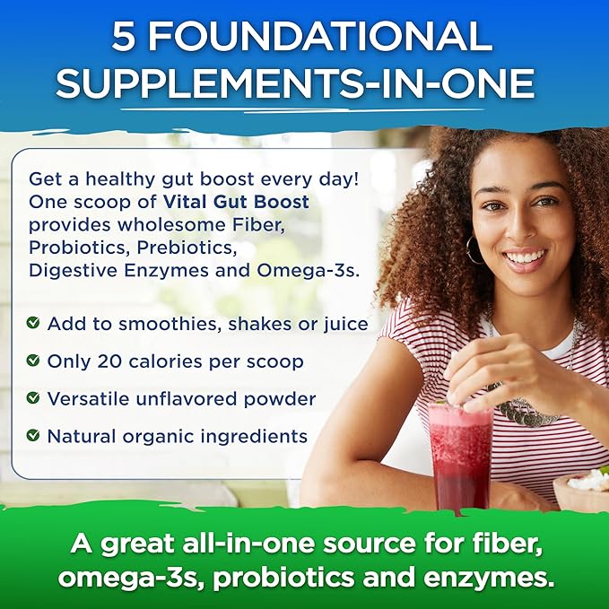 Vital Planet - Vital Gut Boost Powder by Brenda Watson PBS Gut Check Hope Supplement with Fiber 35 Omega 3 Oil Probiotics and Digestive Enzymes 8.1oz 230 Grams 30 Servings