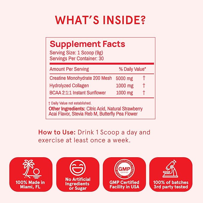 Peach Perfect Creatine Blend for Women – Micronized Creatine Monohydrate with BCAA &amp Collagen for Glute Strength Support – Strawberry Acai – 30 Servings