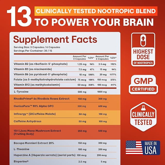 Nootropic Strongest Focus Supplement - Clinically Backed Ingredients Made in USA - Scientifically Backed Doses - Supplement for Brain Fog - AlphaGPC Lions Mane Rhodiola and More 10:1 90 Capsules