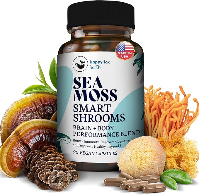 HAPPY FOX Irish Sea Moss Capsules &amp Mushroom Complex - Organic Seamoss with Adaptogens for Brain Health 1500mg 90 Vegan Capsules Organic Mushroom Supplement