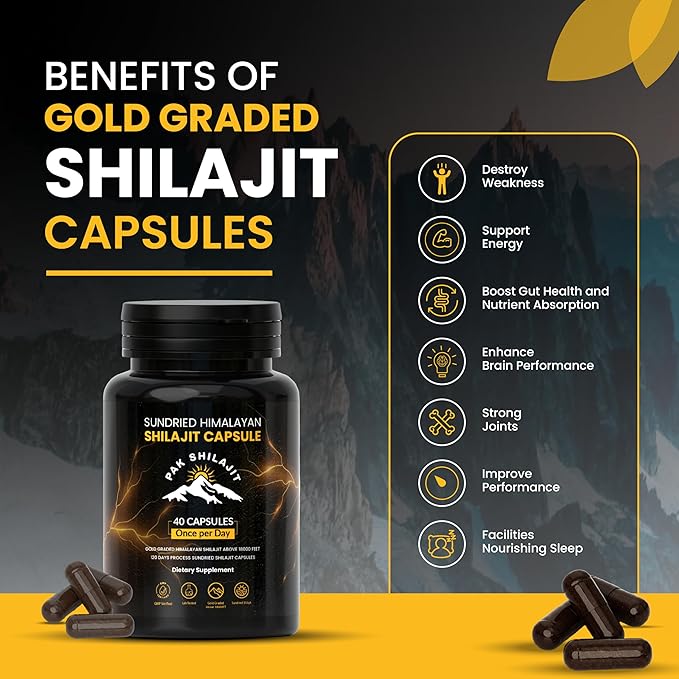 120 Days Naturally Sun-Cured Himalayan Shilajit Capsules | Gold Grade Above 18000 FT | Organic | 85+ Natural Minerals | Rich in Fulvic &amp Humic Acid | Men &amp Women | 40 Capsules