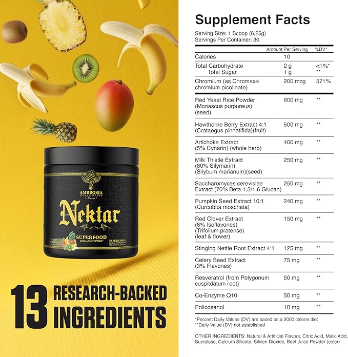 Ambrosia Superfood Organ &amp Cycle Support Powder | Liver &amp Kidney Support with Milk Thistle Red Yeast Rice &amp CoQ10 | 13 Superfood Ingredients | 30 Servings | Fruit Symphony