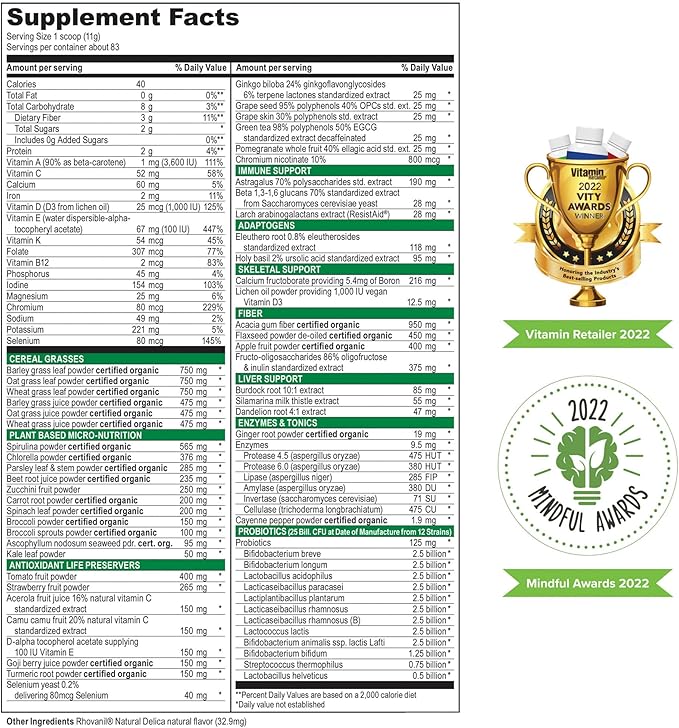 Vibrant Health Green Vibrance Includes 65 Plant-Based Superfoods 25 Billion Probiotics Fiber Adaptogens &amp Enzymes 83 Servings