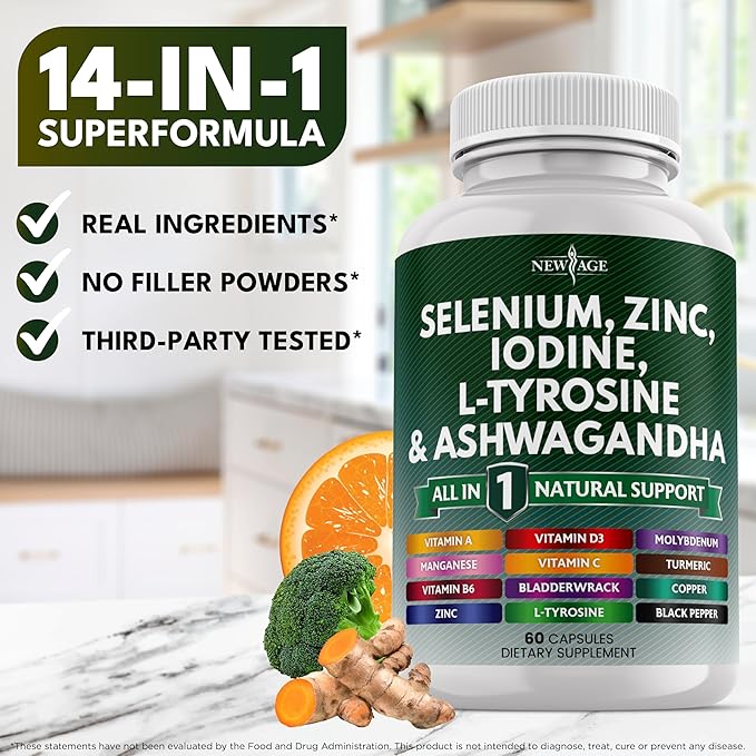 NEW AGE Selenium Zinc Iodine L Tyrosine Ashwagandha - Supplement for Women and Men with Bladderwrack Turmeric Silica Kelp Schisandra - 120 Count