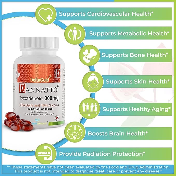 WELLNESS EXTRACT Eannatto Tocotrienols Vitamin E Supplements Tocopherol Free Non-GMO Gluten Free &amp Antioxidant (300MG 30 Softgels)