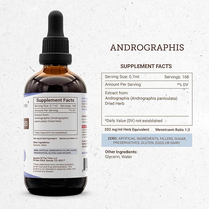 Secrets of the Tribe Andrographis Alcohol-Free Liquid Extract Fah talai jone Chuan Xin Lian Andrographis paniculata Tincture Supplement (4 FL OZ)