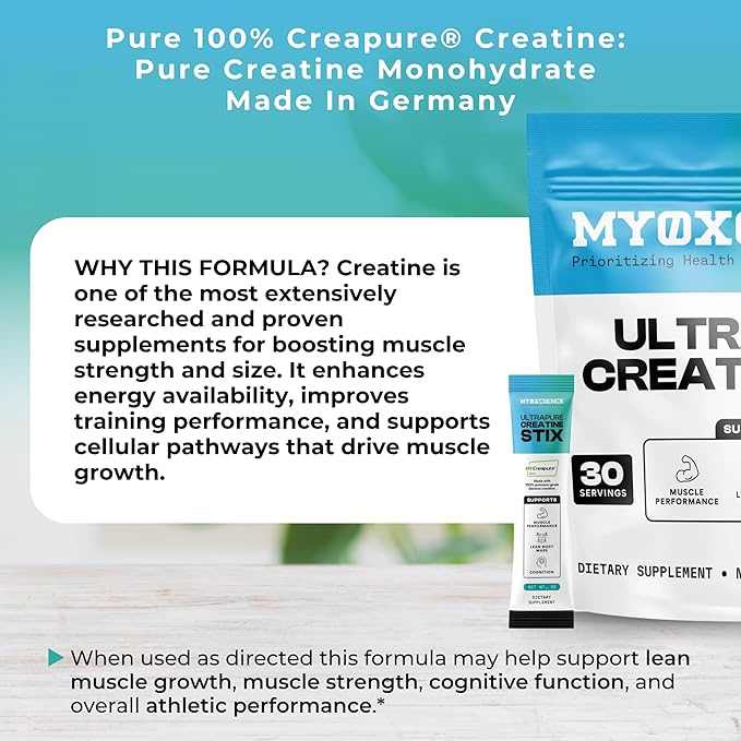 MYOXCIENCE Creapure® Creatine Stix | 5 Grams of German Creatine Monohydrate Per Stick Pack | Supports Muscle Performance Lean Body Mass &amp Cognition | 30 Single Serve Stix