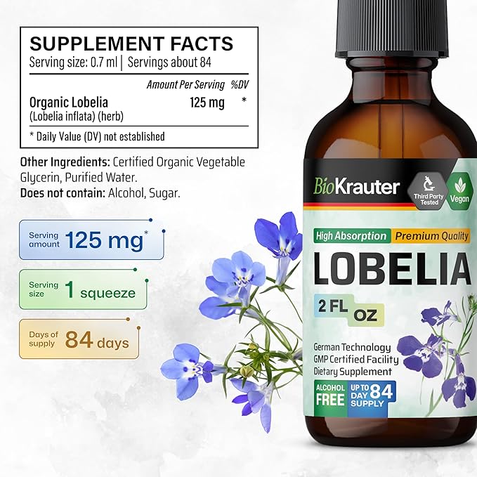 BIO KRAUTER Lobelia Tincture for Lung Cleanse &amp Detox - Pure Vegan Lobelia Herb Liquid Extract - 2 Fl.Oz. 84 Days of Supply - Respiratory Support Supplement - Alcohol &amp Sugar Free Non-GMO