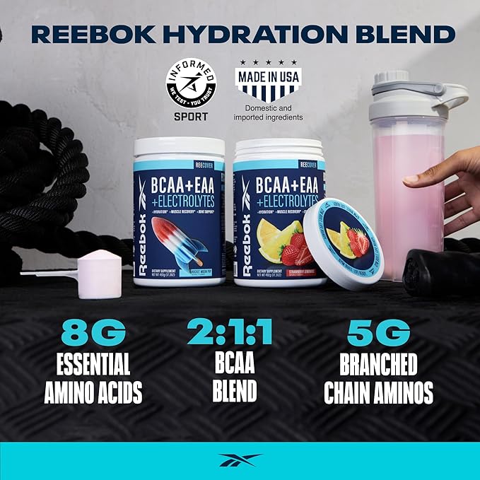 Reebok REEcover Amino Acids + Electrolytes Bundle | 8g EAAs 5g BCAAs Hydration Matrix | Post-Workout Support | 30 Servings | Rocket Moon Pop + Strawberry Lemonade