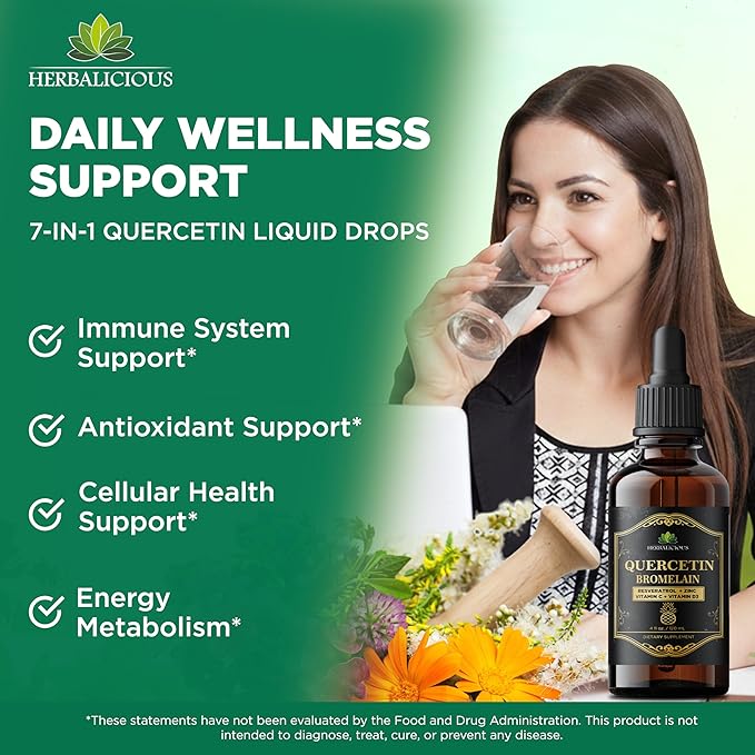 HERBALICIOUS Quercetin Bromelain Liquid with Resveratrol Zinc Vitamin C &amp D3 – Immune Support Drops – 4 fl oz (120 mL) – Fast Absorption – Non-GMO Dietary Supplement