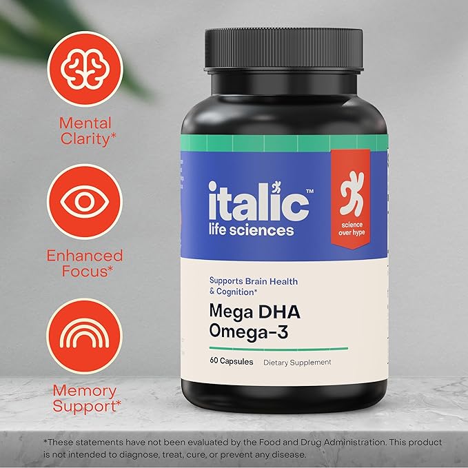 Mega DHA Omega-3 1300mg – 800mg DHA 500mg EPA – Brain Health Supplement for Memory Focus &amp Mental Clarity – High Potency Fish Oil – Non-GMO Third-Party Tested – 60 Capsules