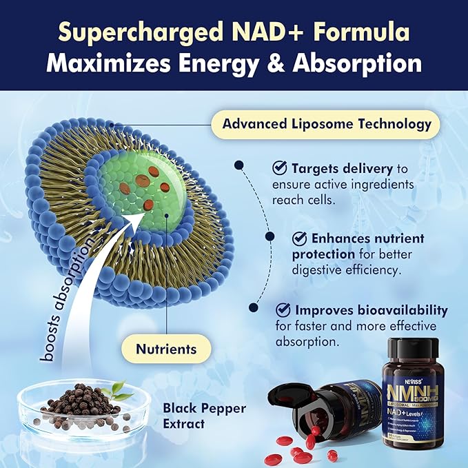 NEVISS NAD+ Supplement Next-Gen NMNH Liposomal 500mg NR NMN Supplement Alternative High Absorption NAD+ with Curcumin Niacinamide for Cellular Energy DNA Repair Healthy Aging 60 Softgels