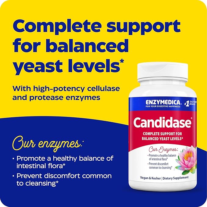 Enzymedica Candidase Capsules - Candida Support Supplement for Women &amp Men Balanced Yeast Level &amp Cleanse Support Gut &amp Mircobiome Health Support Enzyme Blend with Cellulase and Proteas