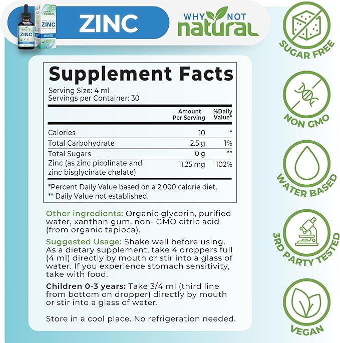 Organic Liquid Zinc Drops Supplement with Chelated Picolinate and Bisglycinate Vegan