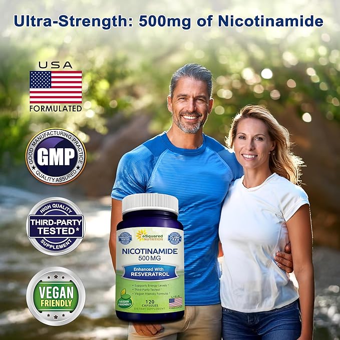 aSquared Nutrition Nicotinamide with Resveratrol - 120 Veggie Capsules - Vitamin B3 500mg (Niacinamide Flush Free) - Supplement Pills to Support NAD Skin Cell Health &amp Energy (Pack of 2)