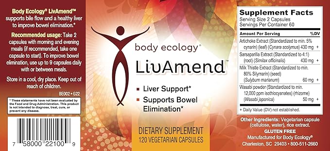 Body Ecology LivAmend | Liver Supplement | Milk Thistle and Artichoke | Aids in Healthy Liver and Improves Bowel Elimination | 120 Vegetarian Count