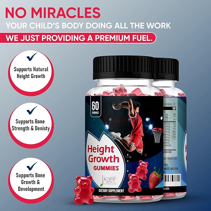 Jadee Height Growth Gummies for Teens &amp Kids Calcium 325mg Teen Vitamins D3K2C Magnesium Ashwagandha Zinc L-Arginine - Bone Healthy Growth Development &amp Strength - Height Increase &amp