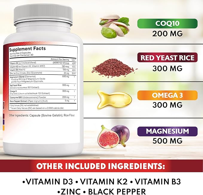 NEW AGE COQ10 200mg Red Yeast Rice Omega 3-6-9 Magnesium Complex Zinc Vitamin K2 D3 - Support Vitamins for Women and Men with Vitamin B3 Coenzyme Q10-180 Count
