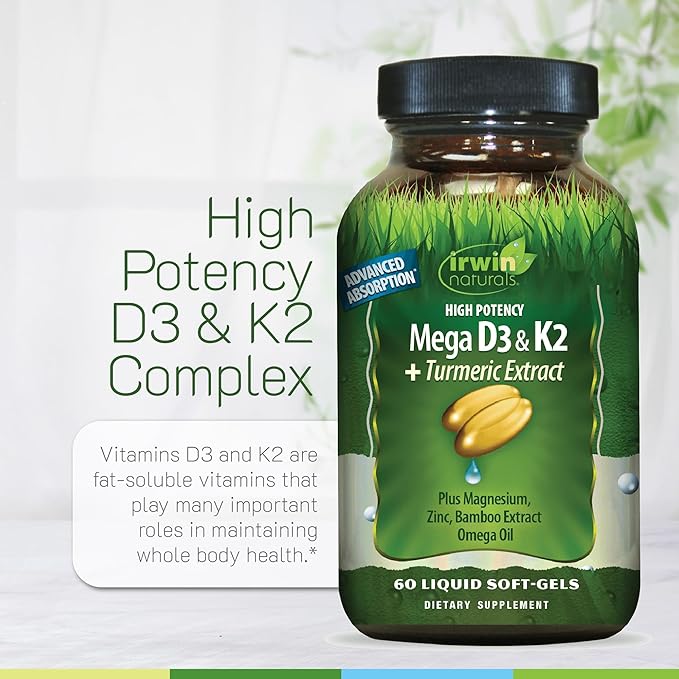 Irwin Naturals High Potency Mega D3 &amp K2 + Turmeric Extract — 60 Liquid Soft-Gels - 2 Pack