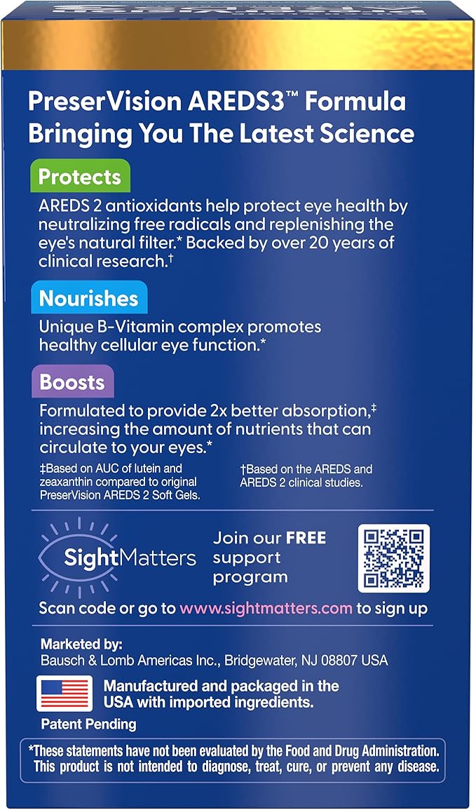 PreserVision AREDS3 Eye Vitamins #1 Eye Doctor Recommended Brand AREDS 2 Formula with 8 B-Vitamin Complex Promotes Healthy Cellular Eye Function* 3-in-1 Macular Supplement 120 Softgels