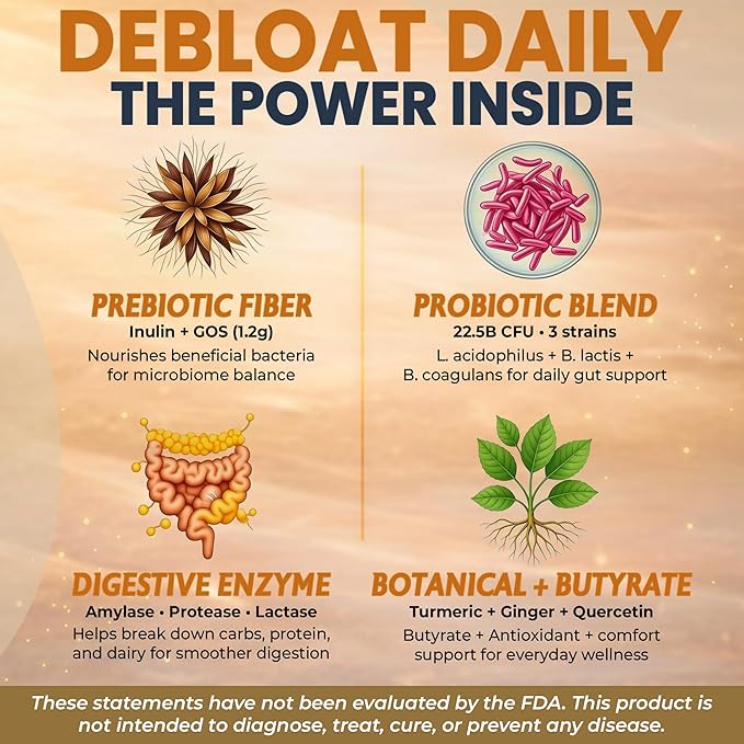 Debloat Daily 3-in-1 Prebiotic Probiotic &amp Digestive Enzyme | Digestive Support | Occasional Bloating &amp Abdominal Discomfort | Turmeric Ginger &amp Quercetin | Gluten Free Non GMO 60 Tropi