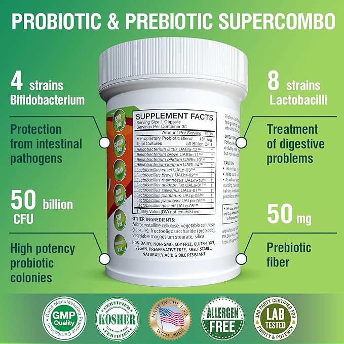 50 Billion CFU Prebiotic and Probiotic Supplement for Women and Men 12 Strains for Daily Immune Support and Digestive Health 30 Veggie Capsules Non Refrigerated High Potency Probiotics