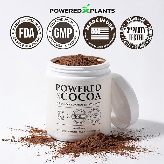 High Flavanol Cocoa Powder - 1500mg Cocoa Flavanols 12X More Epicatechin 700MG Epicatechin Antioxidant Flavonoids - Supports Brain Heart Health Nitric Oxide &amp Circulation by Powered X Plants