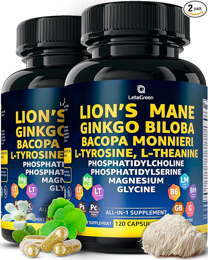 Organic Lions Mane Supplement Capsules - 240 Real Mushrooms Lion's Mane Capsules with Ginkgo Biloba Herb Bacopa Monnieri L Theanine L Tyrosine - Mushroom Complex for Daily Wellness