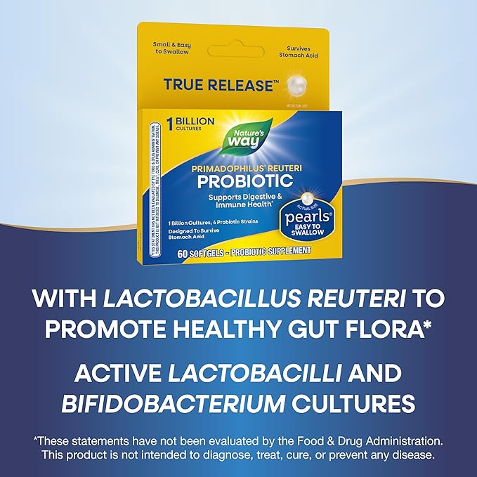 Nature's Way Primadophilus Reuteri Probiotic Pearls for Men and Women Digestive and Immune Health* 1 Billion Culture 4 Probiotic Strains Survives Stomach Acid 60 Softgels