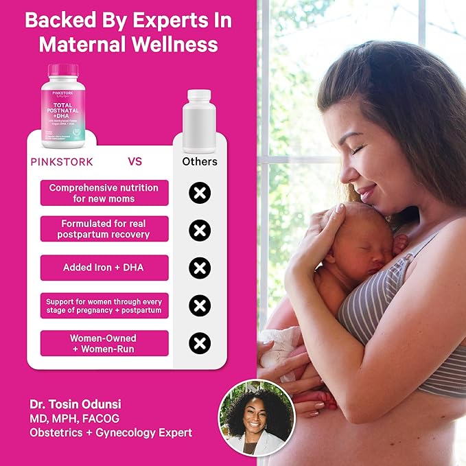 Pink Stork Total Postnatal Vitamins for Women with Vegan DHA Iron Folate and Vitamin B12 Postpartum Recovery Essentials Daily Supplement for Breastfeeding Moms - 3 Month Supply