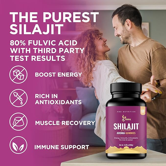 AMU NUTRITION Shilajit Gummies for Men &amp Women with Aronia Berries Fulvic Acid &amp 85+ Trace Minerals I MenWomen I Non-GMO I Lab Tested I 100% Natural I 60 Gummy (60 Count (Pack of 1) Aronia B