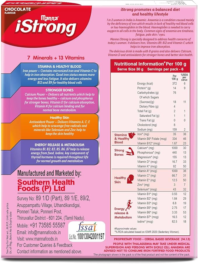 Manna i Strong 400g Iron Fortified Womens Health Drink Mix (Chocolate) Iron Supplement Iron Lock Formula with VIT C B9 B12