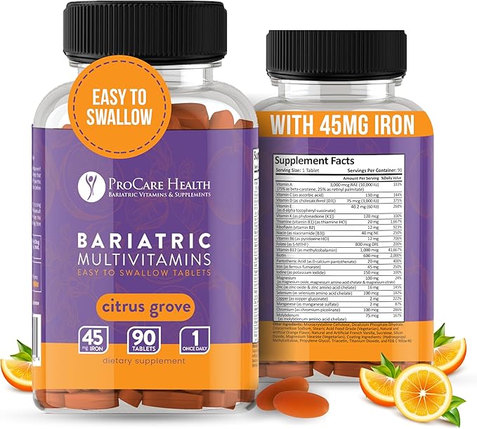 ProCare Health Bariatric Multivitamin with Iron 45mg (90 Easy to Swallow Tablets) - Post Op Bariatric Vitamins for Gastric Bypass Pills for Sleeve Patients Sustains Recovery &amp Energy (3 Month Sup