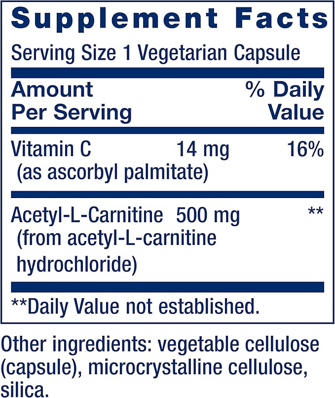 Life Extension Acetyl-L-Carnitine Acetyl-L-Carnitine Vitamin C Brain Mood &amp Nerve Health Cellular Energy 3-Month Supply Gluten-Free Non-GMO Vegetarian 100 Capsules