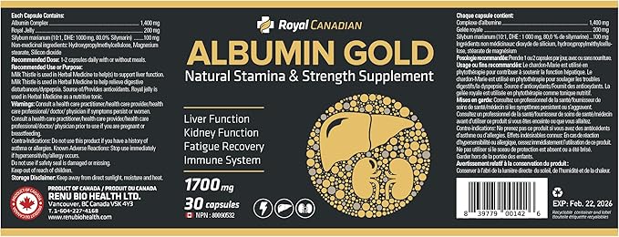 Royal Canadian Albumin Gold 1700mg | Liver Function | Fatigue Recovery | Immune System (30 x 1700mg Capsules)