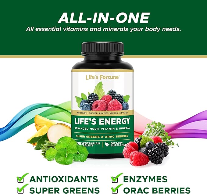 Life's Energy Advanced Daily Multivitamin for Men &amp Women Energy &amp Immune Support Supplement with Super Greens - Antioxidants &amp Enzymes - Iron Free Vegetarian 120 Tablets by Life's Fort