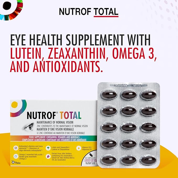 Nutrof Total Capsules – Eye Health Supplement with Lutein Zeaxanthin Omega 3 and Antioxidants | Essential Nutrients for Optimal Eye Health | Pack of 30 Capsules (1 Capsule per Day - 1-Month Supply)