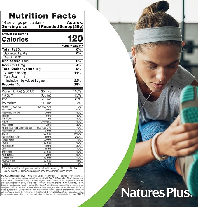 NaturesPlus SPIRU-TEIN Exotic Red Fruit - 1.1 lb - Plant-Based Protein Powder - Vitamins &amp Minerals for Energy - Vegetarian Gluten Free - 14 Servings