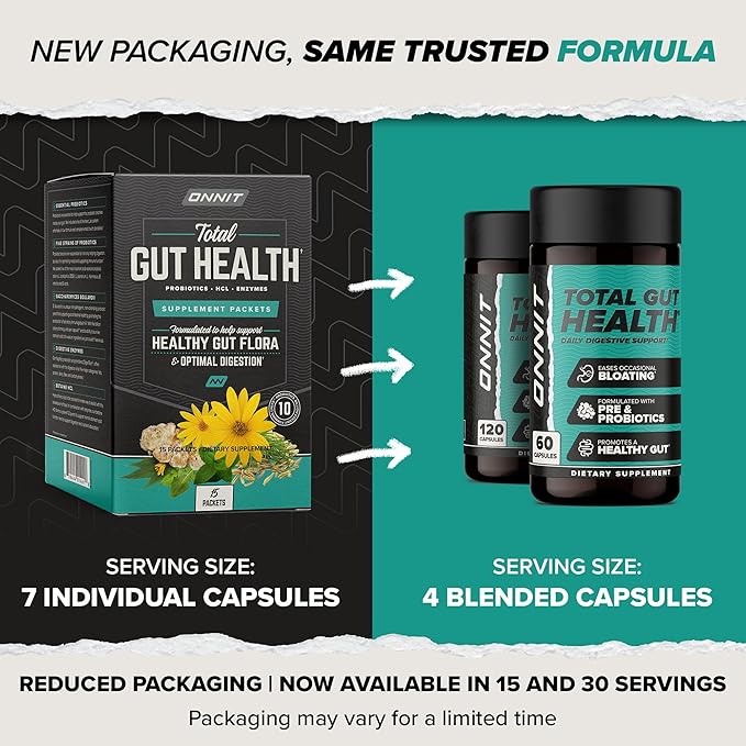 ONNIT Total Gut Health Daily Digestive Support IGEN Non-GMO Tested Digestion Supplement for Women and Men with 7 Strains of Probiotics Prebiotics Enzymes and Betaine HCL 120 Count