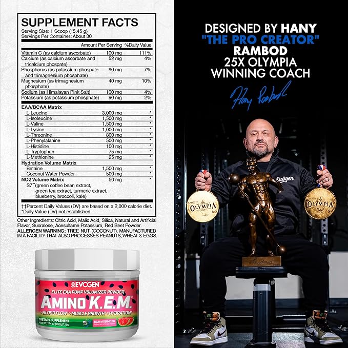 Evogen Amino K.E.M. - EAA &amp BCAA Powder Pump Volumizer | BCAAs Amino Acids Supplement for Blood Flow Muscle Growth &amp Hydration | Sour Watermelon | 30 Servings