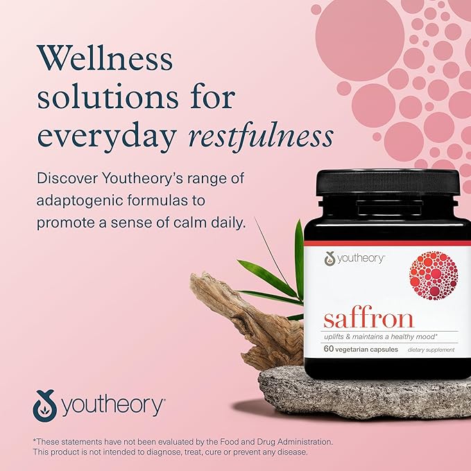 Youtheory Saffron - Vegan Energy Supplement for Men &amp Women* - Contains Rhodiola Rosea &amp Ashwagandha - Dairy Soy &amp Gluten Free - 60 Vegetarian Capsules