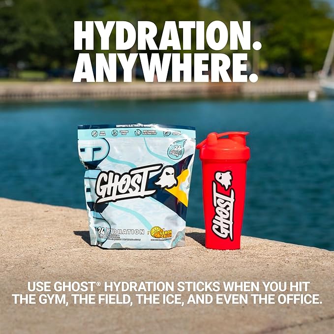 GHOST Hydration Packets Lemon Crush 24 Sticks Electrolyte Powder - Drink Mix Supplement with Magnesium Potassium Calcium Vitamin C - Vegan Friendly Free of Soy Sugar &amp Gluten