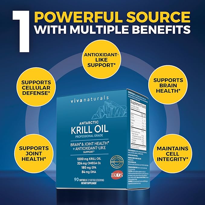 Viva Naturals Antarctic Krill Oil 1200 mg – Omega-3 DHA &amp EPA with Astaxanthin for Joint Health No Fish Burp 90 Softgels